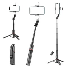 Selfie Stick Stabil Wireless cu Lumina LED Detasabila, 108cm - Techsuit Tripod Mount LED (L12D) - Negru