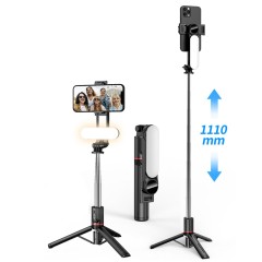 Selfie Stick Stabil cu Lumini LED Portabil, 111cm - Techsuit (L15) - Negru