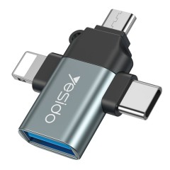 Adaptor USB 3.0 la Lightning, Micro-Usb, Type-C, Plug & Play, 480Mbps Yesido OTG, GS15 - Negru