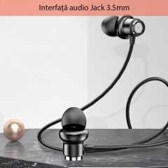 Casti cu fir in-ear Yesido, stereo, microfon, Jack 3.5mm, 1.2m, YH-31 - Negru Negru