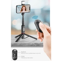 Selfie Stick Stabil Wireless, 77cm - Techsuit LED Tripod (Q12S) - Negru Negru