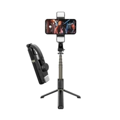 Selfie Stick Stabil Bluetooth cu Trepied si Lumini, 75cm - Techsuit (Q08D) - Negru Negru