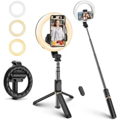 Selfie Stick Stabil cu Lampa Circulara, 80cm - Techsuit (Q07) - Negru Negru