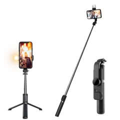 Selfie Stick Stabil cu Trepied si LED, 105cm - Techsuit (Q02S) - Negru Negru