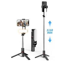 Selfie Stick Stabil cu Lumini LED Portabil, 111cm - Techsuit (L15) - Negru Negru