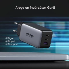 Incarcator Priza USB-A QC 3.0, 2xUSB-C PD GaN 65W, 3.25A - Ugreen Nexode (15334) - Alb Alb