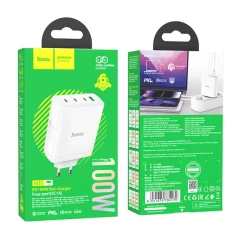 Incarcator pentru Priza USB, 3x Type-C, Fast Charging, 100W - Hoco Leader (N31) - White Alb
