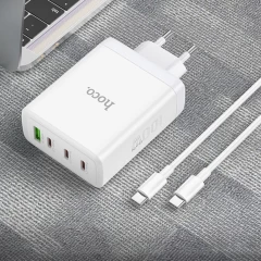 Incarcator pentru Priza USB, 3x Type-C, Fast Charging, 100W + Cablu Type-C - Hoco Leader (N31) - White Alb