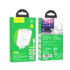 Incarcator pentru Priza USB, 3x Type-C, Fast Charging, 100W + Cablu Type-C - Hoco Leader (N31) - White Alb