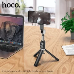 Selfie Stick Bluetooth cu Telecomanda, Lumini LED si Trepied, 80cm - Hoco (K16) - Black Negru