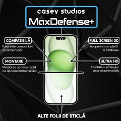 Folie Sticla iPhone 15 Casey Studios Full Screen 9H + Kit de Instalare Cadou , Full Glue, Sticla Securizata, Anti Zgarieturi, Anti Socuri, Margini Negre Negru