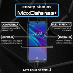 Folie Sticla CASEY STUDIOS compatibila cu Huawei Y6 2019 / Y6 Pro 2019 / Y6p / Honor 8A 2020, Full Glue, Duritate Militara, Ultra HD, Anti Zgarieturi, Anti Amprente, Anti Socuri, Margini Negre Negru