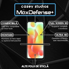 Folie Sticla CASEY STUDIOS compatibila cu Xiaomi Redmi 10C / 12C, Full Glue, Duritate Militara, Ultra HD, Anti Zgarieturi, Anti Amprente, Anti Socuri, Margini Negre Negru
