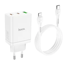 Incarcator pentru Priza USB, 2x Type-C, PD35W + Cablu Type-C la Lightning - Hoco Start (N33) - White Alb