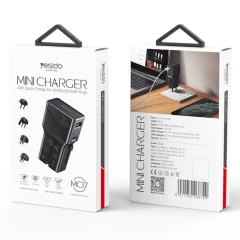 Yesido - Wall Charger (MC17) - USB, Type-C, PD20W, for Travel, EU, UK, US, AUS - Black Negru