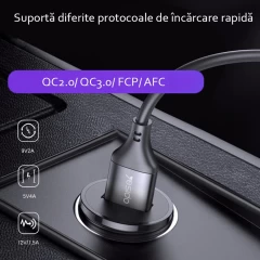 Incarcator Auto Fast Charge USB-A, QC 3.0, FCP, AFC, 20W, 4A - Negru Negru