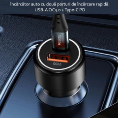 Incarcator Auto Fast Charge USB-A, Type-C, PD, 24W, QC 3.0, 3A Yesido Y42 - Negru Negru