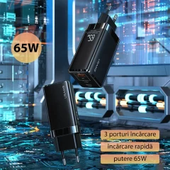 Incarcator Priza Fast Charge 2x USB-C, USB-A, PD, Fast Charge, 65W USAMS - Negru Negru