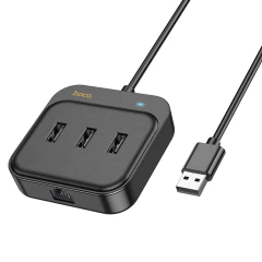 Adaptor USB la 3x USB3.0 + RJ45, 1.2m - Hoco Easy Link (HB35) - Black Negru