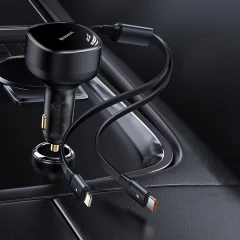 Incarcator Auto Fast Charging, 30W + Cablu Lightning, Type-C, 75cm - Baseus Enjoyment (CGTX000001) - Black Negru