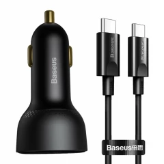 Incarcator Auto USB, Type-C, 100W, 5A + Cablu Type-C to Type-C - Baseus (TZCCZX-01) - Black Negru