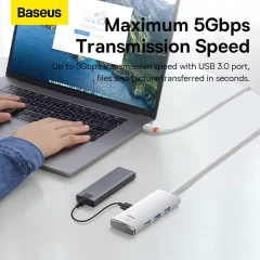 Hub USB la 4x USB 3.0, Type-C, 1m - Baseus Lite Series (WKQX030102)  - White Alb