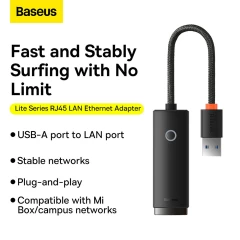 Adaptor USB to RJ45 LAN Port, 1000Mbps - Baseus Lite Series (WKQX000101) - Black Negru