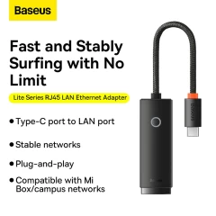 Adaptor USB-C to RJ45 LAN Port, 1000Mbps - Baseus Lite Series (WKQX000301) - Black Negru