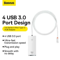 Hub USB-C la 4x USB 3.0, Type-C, 1m - Baseus Lite Series (WKQX030402) - White Alb