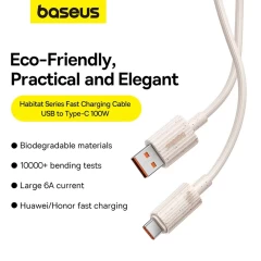Cablu USB la Type-C, Fast Charging, 100W, 480Mbps, 2m - Baseus Habitat Series (P10360203421-01) - Wheat Pink Roz
