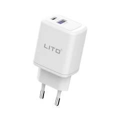 Lito - Wall Charger (LT-LC02) - Type-C PD20W, USB-A 18W, Fast Charging for iPhone, Samsung, iPad - White Alb