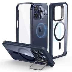 Husa pentru iPhone 15 Pro Max + Folie - ESR Armor Tough Kickstand HaloLock - Clear Dark Blue Albastru