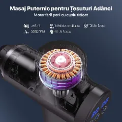 Aparat pentru masaj profesional tip pistol Lagato Pro, 30 viteze, motor silentios fara perii, 3500 percutii, sistem racire, 2600mAh, 10 capete, servieta depozitare Negru