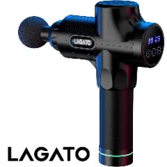 Aparat pentru masaj profesional tip pistol Lagato Pro, 30 viteze, motor silentios fara perii, 3500 percutii, sistem racire, 2600mAh, 10 capete, servieta depozitare Negru