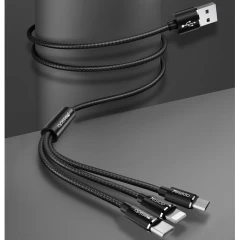 Cablu 3in1 USB to Type-C, Lightning, Micro USB, 60W, 3A, 1.2m Yesido CA-60 - Negru Negru