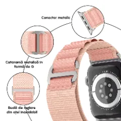 Curea Alpine Loop compatibila cu Apple Watch SE/9/8/7/6/5/4/3/2/1 - 38/40/41MM CASEY STUDIOS, Ajustabila, Respirabila, Material Textil Roz