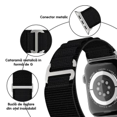 Curea Alpine Loop compatibila cu Apple Watch Ultra 2/Ultra/SE/9/8/7/6/5/4/3/2/1 - 42/44/45/49MM CASEY STUDIOS, Ajustabila, Respirabila, Material Textil Negru