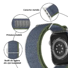 Curea Nailon Trail compatibila cu Apple Watch SE/9/8/7/6/5/4/3/2/1 - 38/40/41MM CASEY STUDIOS, Ajustabila, Respirabila, Material Textil Verde Alb