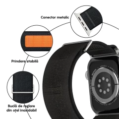 Curea Trail compatibila cu Apple Watch Ultra 2/Ultra/SE/9/8/7/6/5/4/3/2/1 - 42/44/45/49 MM CASEY STUDIOS, Ajustabila, Respirabila, Material Textil Negru