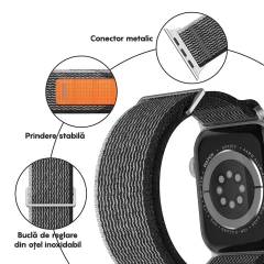 Curea Trail compatibila cu Apple Watch Ultra 2/Ultra/SE/9/8/7/6/5/4/3/2/1 - 42/44/45/49 MM CASEY STUDIOS, Ajustabila, Respirabila, Material Textil Gri Inchis