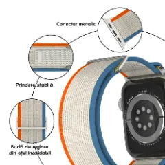 Curea Nailon Trail compatibila cu Apple Watch Ultra 2/Ultra/SE/9/8/7/6/5/4/3/2/1 - 42/44/45/49 MM CASEY STUDIOS, Ajustabila, Respirabila, Material Textil bej / portocaliu