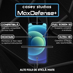 Folie Sticla CASEY STUDIOS pentru iPhone 12 Pro Max, MaxDefense+ Matte, Full Glue, Sticla Securizata, Duritate Militara, Ultra HD, Protectie Profesionala Ecran 3D, Anti Zgarieturi, Anti Socuri Negru