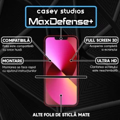 Folie Sticla CASEY STUDIOS pentru iPhone 13 Mini, MaxDefense+ Matte, Full Glue, Sticla Securizata, Duritate Militara, Ultra HD, Protectie Profesionala Ecran 3D, Anti Zgarieturi, Anti Socuri Negru