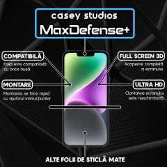Folie Sticla CASEY STUDIOS pentru iPhone 14 Plus, MaxDefense+ Matte, Full Glue, Sticla Securizata, Duritate Militara, Ultra HD, Protectie Profesionala Ecran 3D, Anti Zgarieturi, Anti Socuri Negru