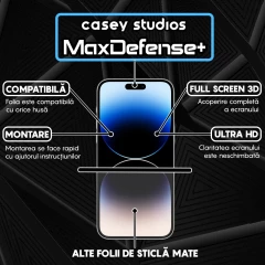 Folie Sticla CASEY STUDIOS pentru iPhone 14 Pro Max, MaxDefense+ Matte, Full Glue, Sticla Securizata, Duritate Militara, Ultra HD, Protectie Profesionala Ecran 3D, Anti Zgarieturi, Anti Socuri Negru