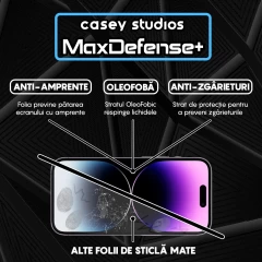 Folie Sticla CASEY STUDIOS pentru iPhone 14 Pro, MaxDefense+ Matte, Full Glue, Sticla Securizata, Duritate Militara, Ultra HD, Protectie Profesionala Ecran 3D, Anti Zgarieturi, Anti Socuri Negru