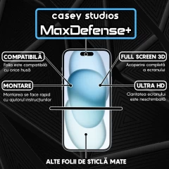 Folie Sticla CASEY STUDIOS pentru iPhone 15 Plus, MaxDefense+ Matte, Full Glue, Sticla Securizata, Duritate Militara, Ultra HD, Protectie Profesionala Ecran 3D, Anti Zgarieturi, Anti Socuri Negru