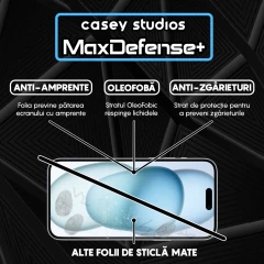 Folie Sticla CASEY STUDIOS pentru iPhone 15 Plus, MaxDefense+ Matte, Full Glue, Sticla Securizata, Duritate Militara, Ultra HD, Protectie Profesionala Ecran 3D, Anti Zgarieturi, Anti Socuri Negru