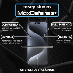 Folie Sticla CASEY STUDIOS pentru iPhone 15 Pro, MaxDefense+ Matte, Full Glue, Sticla Securizata, Duritate Militara, Ultra HD, Protectie Profesionala Ecran 3D, Anti Zgarieturi, Anti Socuri Negru