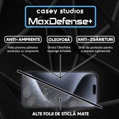 Folie Sticla CASEY STUDIOS pentru iPhone 15 Pro, MaxDefense+ Matte, Full Glue, Sticla Securizata, Duritate Militara, Ultra HD, Protectie Profesionala Ecran 3D, Anti Zgarieturi, Anti Socuri Negru